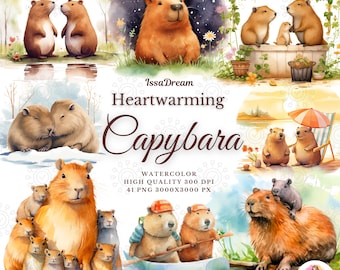 Cute Watercolor Capybara Clipart, Animal Clipart, Cute Capybara PNG Clipart, Capybara Wall Art, Animal Wall Art, Capybara Commercial Use