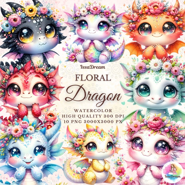 Watercolor Floral Dragon Clipart, Cute Flower Dragon Clipart, Spring Clipart, Baby Dragon, Fantasy, Dragon Sublimation, Commercial Use