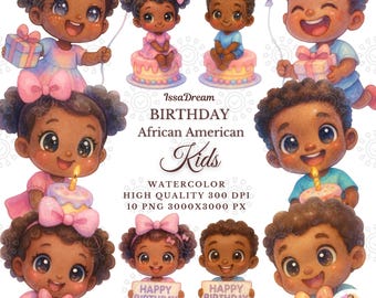 Aquarel Afro-Amerikaanse verjaardag kinderen clipart, schattig babyfeestje, taart ballon cadeau, digitale download, sublimatie ontwerp, commercieel gebruik