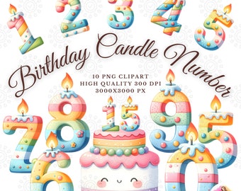 Watercolor Birthday Candle Number Clipart: 0-9 PNG (Digital Download)