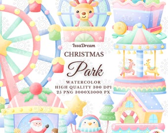 Festive Christmas Park Watercolor Clipart Set, Cute Holiday Carnival PNG, Ferris Wheel, Digital Download, Sublimation Design, Commercial Use