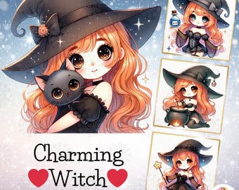 Watercolor Charming Witch Clipart, Halloween PNG, Cute Witch, Black Cat, Magic, Potion, Cauldron, Spooky , Witch Sublimation, Commercial Use