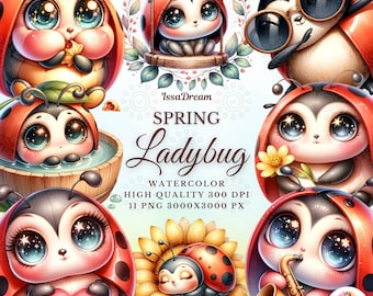 Watercolor Spring Ladybug Clipart, Cute Ladybug Clipart, Spring Clipart, Love Bug, Cartoon Bug, Baby Ladybug Sublimation, Commercial Use