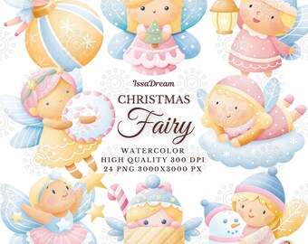 Whimsical Christmas Fairy in Pastel Watercolor Clipart, Holiday Decor, Cute Clipart, Digital Download, Sublimation Design, Commercial Use