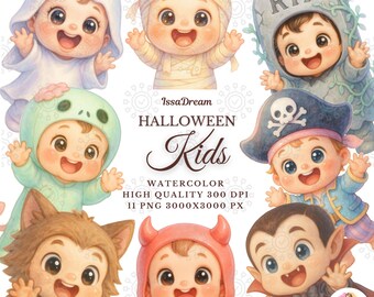 Cute Halloween Mascot Kids Watercolor Clipart, Baby Costume Characters PNG, Digital Download, Sublimation Design, Commercial Use