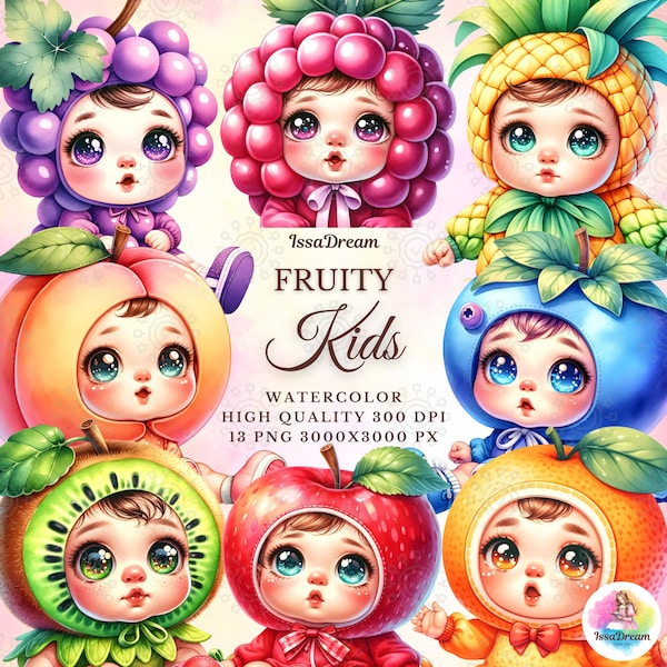 Watercolor Fruity Kids Clipart, Cute Fruits Baby Clipart, Summer Clipart, Apple, Orange, Pineapple, Fruity Baby Sublimation, Commercial Use