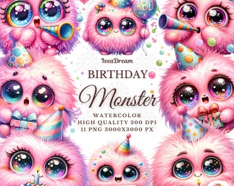 Watercolor Birthday Monsters Clipart: Party Sublimation PNG (Digital Download)