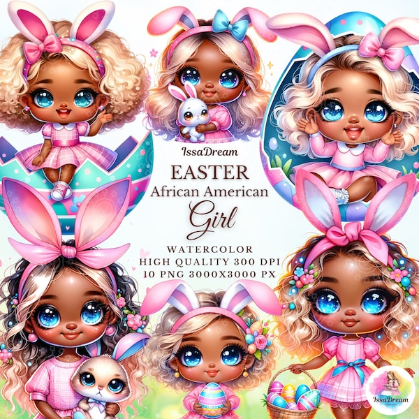 Watercolor Easter African American Girl Clipart, Cute Easter Girl Clipart, Kids Easter, Easter Eggs, Easter Sublimation, Commercial Use