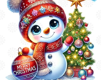 Watercolor Christmas Snowman with Tree and Gifts Clipart : Cute Snowman, Merry Christmas Holiday Artwork, Snowman Sublimation Commercial Use