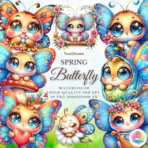Imágenes prediseñadas de mariposa primaveral en acuarela, imágenes prediseñadas de mariposa linda, imágenes prediseñadas de primavera, insecto de dibujos animados de amor, sublimación de mariposa bebé, uso comercial