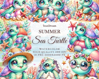 Watercolor Summer Sea Turtle Clipart, Cute Sea Turtle Clipart, Summer Clipart, Nautical Ocean Animal, Sea Turtle Sublimation, Commercial Use
