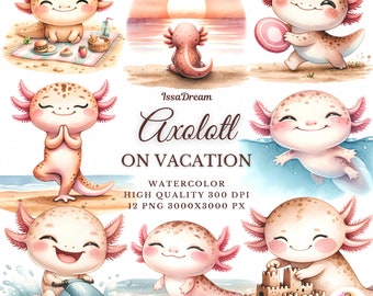 Watercolor Axolotl on Vacation Clipart, Cute Axolotl Clipart, Summer Holiday, Vacation Clipart, Beach, Axolotl Sublimation, Commercial Use