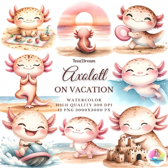Watercolor Axolotl on Vacation Clipart, Cute Axolotl Clipart, Summer Holiday, Vacation Clipart, Beach, Axolotl Sublimation, Commercial Use