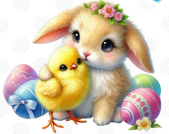 Watercolor Easter Bunny and Friend Clipart, Easter Eggs PNG, Cute Bunny and Chick, Happy Spring, Holiday, Rabbit Sublimation, Commercial Use