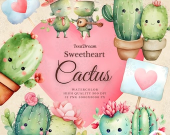 Watercolor Cactus Clipart, Valentine Clipart, Cute Cactus Lover, Plant Lover Cacti Wall Art, Digital Prints Instant Download Commercial Use