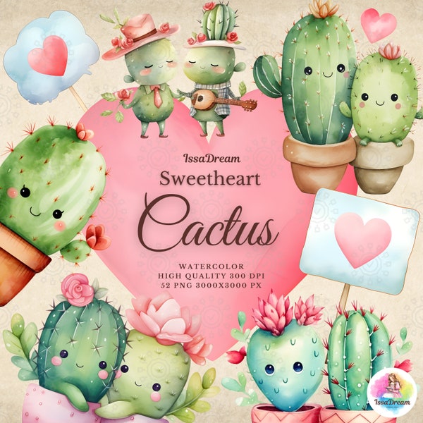 Watercolor Cactus Clipart, Valentines Clipart, Cute Cactus Lover, Plant Lover Cacti Wall Art, Digital Prints Instant Download Commercial Use