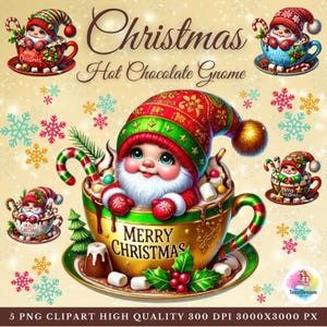 Christmas Hot Cocoa Gnome Clipart, Gnome in Cup, Hot Chocolate, Coffee, Cute Winter Xmas, Holiday PNG, Gnome Sublimation, Commercial Use