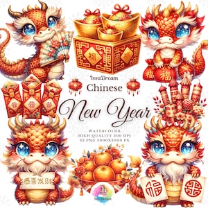 Watercolor Chinese New Year Clipart, Dragon Clipart, Dragon Chinese New Year Clipart, Lunar New Year Clipart, Year of Dragon Commercial Use