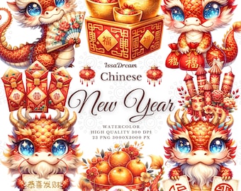 Watercolor Chinese New Year Clipart, Dragon Clipart, Dragon Chinese New Year Clipart, Lunar New Year Clipart, Year of Dragon Commercial Use