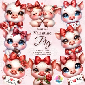 Watercolor Pig in Love Clipart, Cute Valentine&#39;s Day Pig Clipart, Kids Valentines Clipart, LoveHeart, Valentines Sublimation, Commercial Use