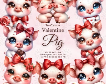 Watercolor Pig in Love Clipart, Cute Valentine's Day Pig Clipart, Kids Valentines Clipart, LoveHeart, Valentines Sublimation, Commercial Use