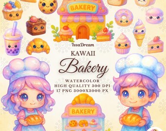 Kawaii Bakery Watercolor Clipart Set - Cute Dessert  PNG, Donut Cake Cupcake Croissant, Digital Download, Sublimation Design, Commercial Use