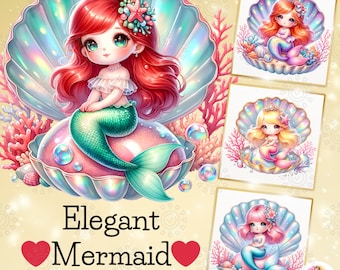 May include: Five digital illustrations of mermaids with red, blonde, and pink hair. Each mermaid is sitting inside a pearl-like seashell with a shimmering iridescent finish. The mermaids are wearing seashell crowns and have large, expressive eyes. The background is a soft yellow with coral and bubbles.