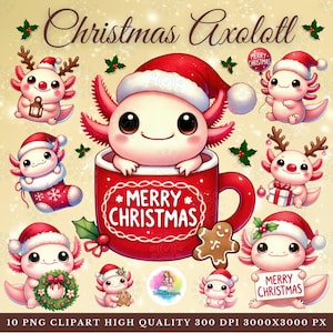Weihnachten Axolotl Clipart, süßes Axolotl PNG, Axolotl-Liebhaber, Weihnachten, Weihnachtsmannmütze, Rentier, Urlaub, Winter, Axolotl Sublimation, kommerzielle Nutzung