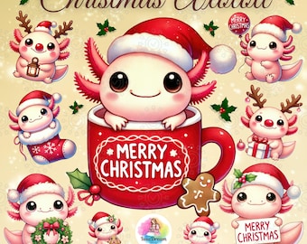 Christmas Axolotl Clipart, Cute Axolotl PNG, Axolotl Lover , Xmas, Santa Hat, Reindeer, Holiday, Winter, Axolotl Sublimation, Commercial Use