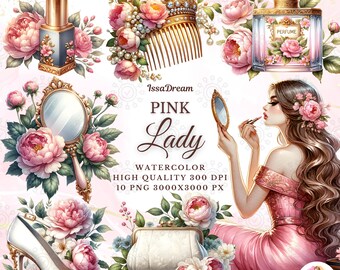 Watercolor Pink Lady Clipart, Floral Woman Clipart, Feminine Vintage Illustration, Pink Fashion Lady Clipart, Pink Flowers, Commercial Use