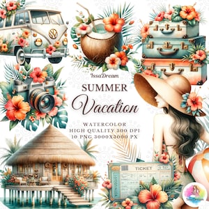 Watercolor Summer Vacation Clipart, Summer Travel Clipart, Beach Girl, Tropospheric Islands, Summer Holiday Sublimation, Commercial Use