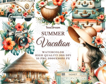 Watercolor Summer Vacation Clipart, Summer Travel Clipart, Beach Girl, Tropospheric Islands, Summer Holiday Sublimation, Commercial Use