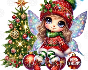 Christmas Fairy Clipart PNG with Sparkle Wings, Cute Holiday Girl Illustration, Festive Christmas Tree Ornaments, Commercial Use