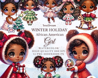 Winter Holiday African American Girl Clipart, Cute Watercolor Black Christmas Kids PNG, Digital Download, Sublimation Design, Commercial Use