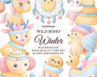 Boho Winter Watercolor Clipart Cute Christmas Animals PNG Bundle Woodland Holiday Scrapbook Digital Download for Crafts, Commercial Use