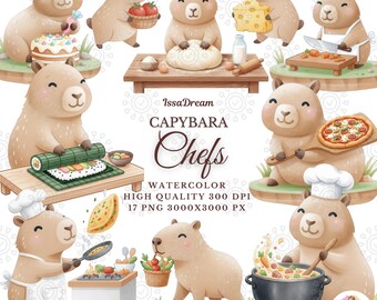 Cute Capybara Chef Watercolor Clipart Bundle, Cooking Animal PNG, Kitchen Woodland , Digital Download, Sublimation Design, Commercial Use
