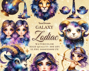 Watercolor Galaxy Zodiac Clipart: Celestial Astrology PNG (Commercial Use)