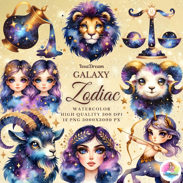 Watercolor Galaxy Zodiac Clipart, Zodiac Signs Clipart, Horoscope Signs, Astrology, Celestial Star Signs, Zodiac Sublimation, Commercial Use