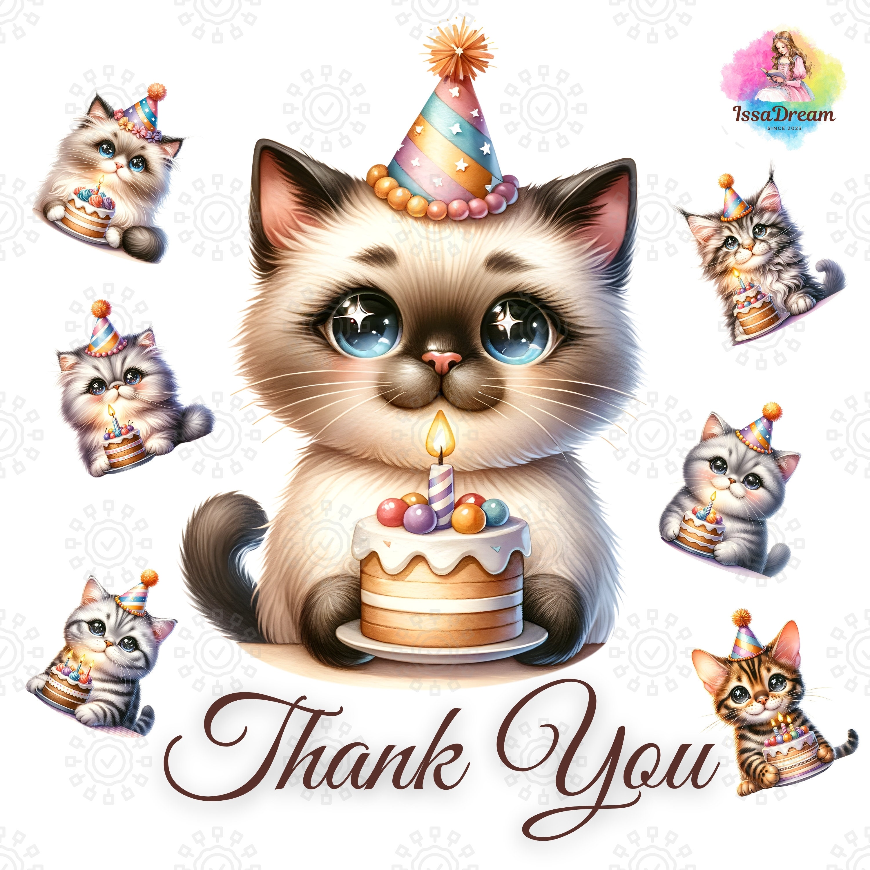happy birthday cat, funny cat, cat illustration,... Watercolor Birthday Cat PNG Bundle, Cat With Birthday Cake, Cute ...
