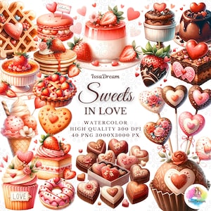Watercolor Sweets in Love Clipart, Cute Valentines Sweets Clipart, Cupcake, Cookie, Chocolate, Heart, Valentines Sublimation, Commercial Use