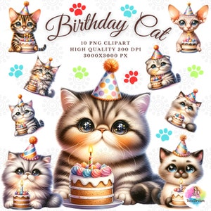 Watercolor Birthday Cat Clipart Bundle: Nursery Decor PNG (Commercial Use)