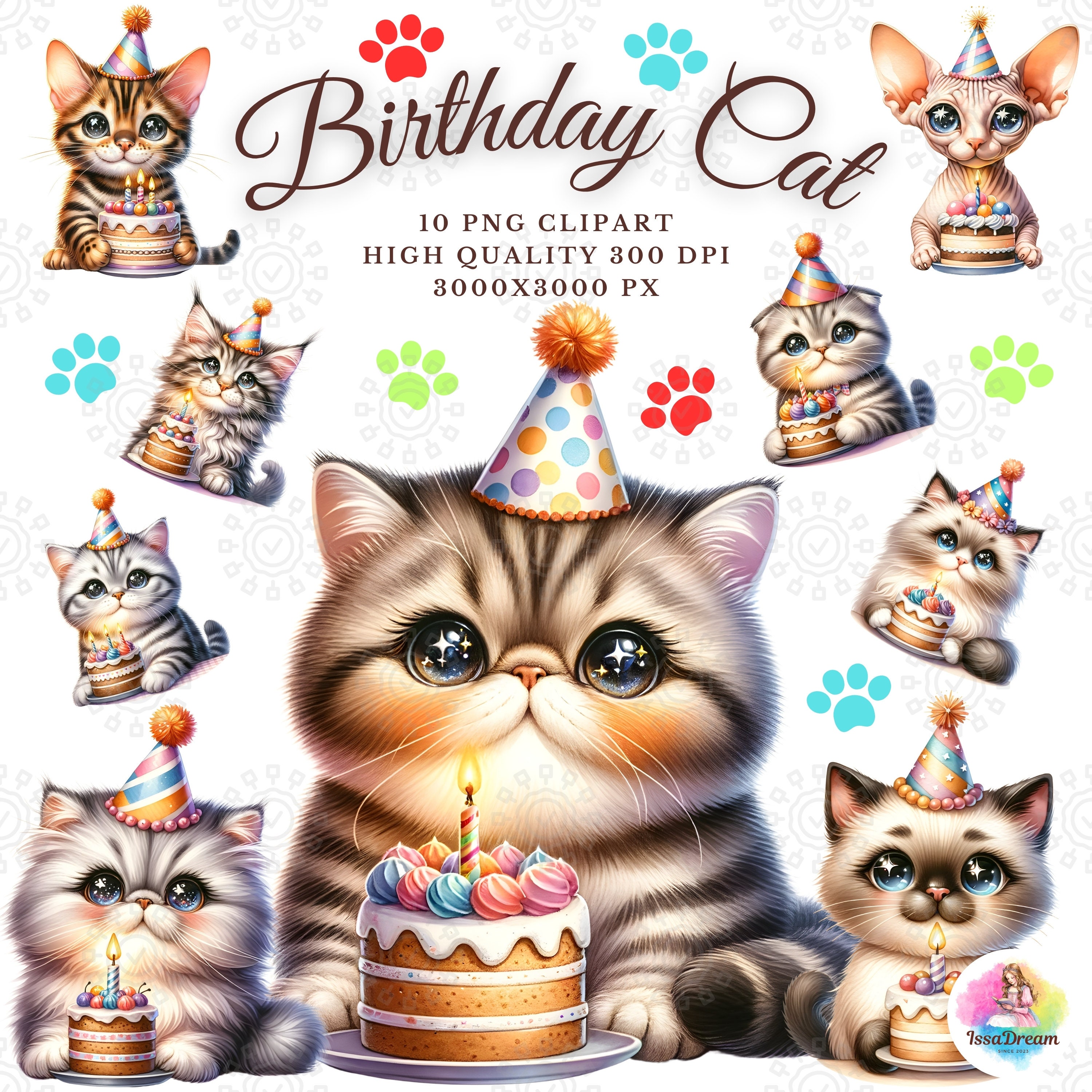 Watercolor Birthday Cat PNG Bundle, Cat With Birthday Cake, Cute