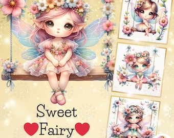 Watercolor Fairy Sitting on Swing Clipart, Cute Little Fairy Clipart, Sweet Fairy, Angel, Fantasy Clipart, Fairy Sublimation, Commercial Use