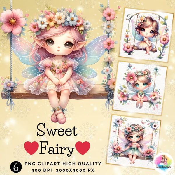 Watercolor Fairy Sitting on Swing Clipart, Cute Little Fairy Clipart, Sweet Fairy, Angel, Fantasy Clipart, Fairy Sublimation, Commercial Use