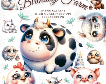 Watercolor Birthday Farm Animals PNG Clipart Bundle (Commercial Use)