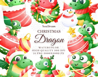 Cute Christmas Dragon Watercolor Clipart Bundle, Holiday Dragon with Gift and Ornament, Digital Download, Sublimation Design, Commercial Use