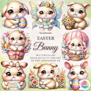 Watercolor Easter Bunny Clipart, Cute Easter Rabbit Clipart, Kids Easter, Spring Clipart, Easter Eggs, Easter Sublimation, Commercial Use