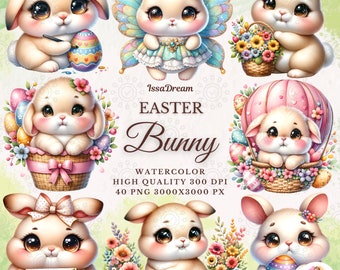 Watercolor Easter Bunny Clipart, Cute Easter Rabbit Clipart, Kids Easter, Spring Clipart, Easter Eggs, Easter Sublimation, Commercial Use