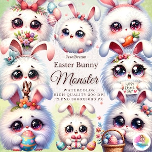 Watercolor Easter Bunny Monster Clipart, Cute Easter Bunny Clipart, Spring Clipart, Easter Eggs PNG, Easter Sublimation, Commercial Use