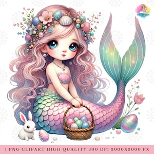 Clipart di sirena di Pasqua ad acquerello, PNG di uova di Pasqua, Clipart di fantasia da favola, dolce sirena, primavera, sublimazione delle feste, uso commerciale
